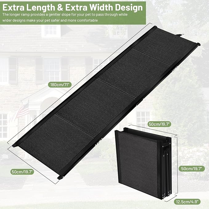 71”L*19.7”W Extra Wide & Long Dog Ramp for Car Truck SUV, Portable Folding Pet Ramps for Small Medium Large Dogs and Cats, Lightweight Aluminum Frame, Supports up to 155 Lbs