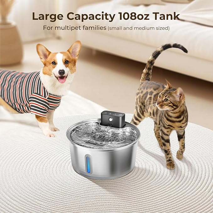 Wireless Stainless Steel Pet Water Fountain, 3.2L/108oz Automatic Cordless Water Dispenser with 3 Smart Modes, Ultra Quiet Pump, Rechargeable Battery, Multi-Filtration for Cats & Dogs