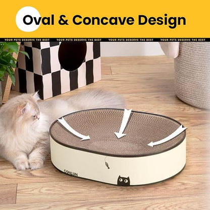 Large Oval Cat Scratcher Bowl, Cardboard Cat Scratching Pad & Lounge Bed, High-Density Reversible Cat Nest for Large Indoor Cats, Furniture Protector with Ergonomic Curve, Gift Catnip Included
