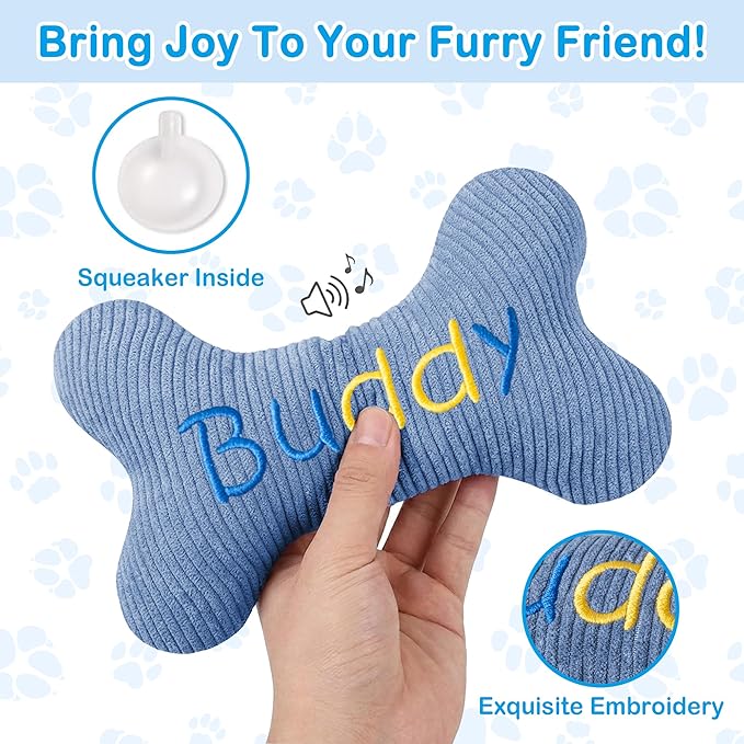 2026 Squeaky Dog Toys, Embroidered Bone Shape Blue Corduroy Pet Pillow 8"x5" Cute Soft Cotton Filled Dog Chew Puzzle Toy Birthday Holiday Fun Gifts Contrast "Buddy" Text for Small Medium Large Dogs