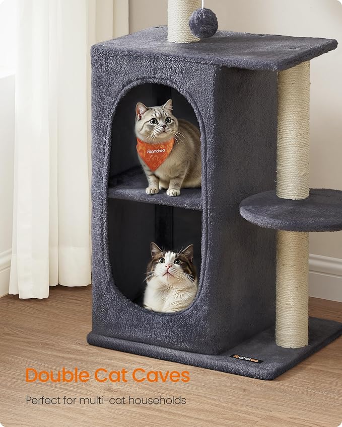 Feandrea Cat Tree, Small Cat Tower for Indoor Cats, Plush Cat Caves with Perch, Scratching Posts, for Small Spaces, Kittens, Dark Gray UPCT005G02