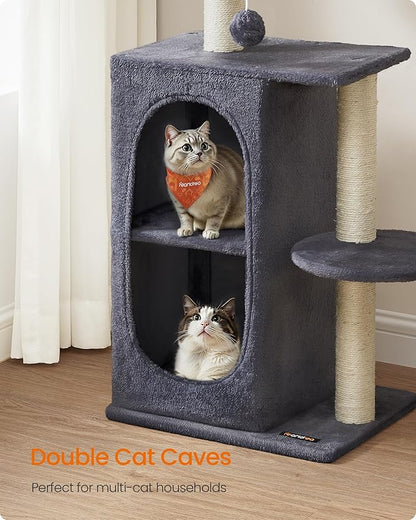 Feandrea Cat Tree, Small Cat Tower for Indoor Cats, Plush Cat Caves with Perch, Scratching Posts, for Small Spaces, Kittens, Dark Gray UPCT005G02