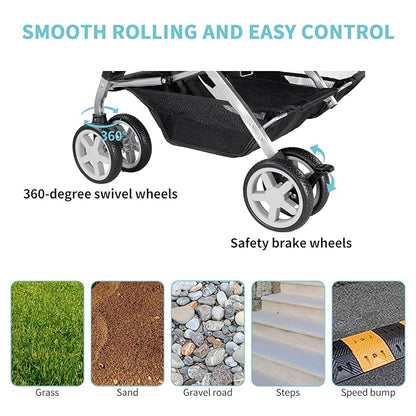 Double Pet Stroller, Foldable Stroller for 2 Dogs & Cats, Two-Seater Carrier Twin Dog Walk Jogger Travel Pet Carriage Cart with Storage, Black
