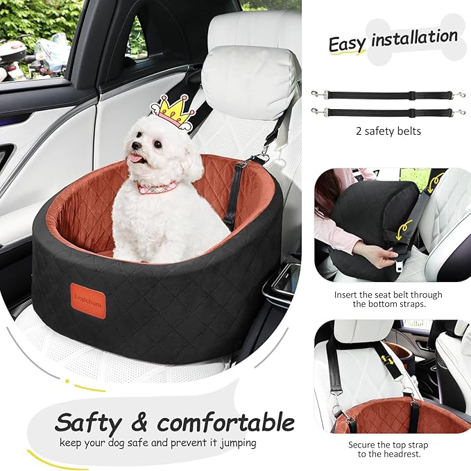 Lealchum Dog Car Seat for Small Dogs Up to 30 Lbs,Ultra Soft Fabric Fill in Comfy Memory Foam,Happy Pet Ride,2 Safety Dog Leashes,Fully Detachable and Washable,Anti Slip Base (Black/Brown, Small)