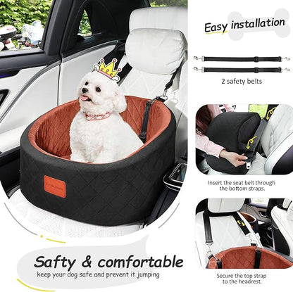 Lealchum Dog Car Seat for Small Dogs Up to 30 Lbs,Ultra Soft Fabric Fill in Comfy Memory Foam,Happy Pet Ride,2 Safety Dog Leashes,Fully Detachable and Washable,Anti Slip Base (Black/Brown, Small)