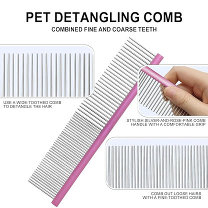 Large Purple Pet 2-in-1 Metal Comb Fine&Wide Teeth Comb Dematting Grooming Tool Pet Flea Comb for Dogs and Cats Remove Loose Hair Mats Knots Tangles Dirt Fleas