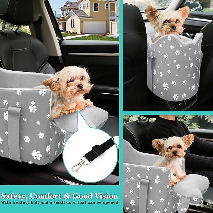 Cullaby Center Console Dog Car Booster Seat for Small Dogs 0-15 lbs - Grey Pet Travel Carrier Safety Leash, Detachable Seat Belt & Storage Pockets
