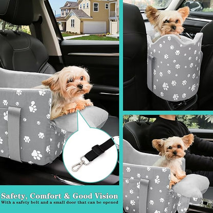 Cullaby Center Console Dog Car Booster Seat for Small Dogs 0-15 lbs - Grey Pet Travel Carrier Safety Leash, Detachable Seat Belt & Storage Pockets