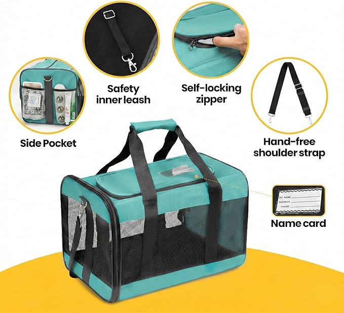 Dog Carrier Soft Sided, Large Cat Carrier with Inner Safety Leash, Pet Transport Carrier for Large Cats and Medium Dogs up to 20 Lbs, Collapsible Travel Puppy Carrier Bag -Turquoise L