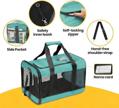 Dog Carrier Soft Sided, Large Cat Carrier with Inner Safety Leash, Pet Transport Carrier for Large Cats and Medium Dogs up to 20 Lbs, Collapsible Travel Puppy Carrier Bag -Turquoise L