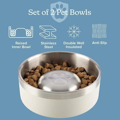Set of 2 Stainless Steel Slow Feeder Dog Bowls - 30oz or 3.75 Cups Double Wall Insulated Food and Water Bowls for Dogs - Non Slip Metal Pet Dishes for Small-Medium Sized Pets PETMAKER (Cream)