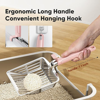 Metal Cat Litter Scoop, Large Cat Scooper with Deep Shovel & Dual Sifting Holes for Fast & Precise Sifting, Space Aluminum Kitty Litter Scooper with Long Handle & Easy-to-Hang Hook - Pink