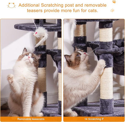 Heybly Cat Tree, 70 inches Tall Cat Tower Condo with Toy for Indoor Large Cats, Cat House Furniture with Padded Plush Perch, Cozy Hammock and Sisal Scratching Posts, Smoky Gray HCT032G