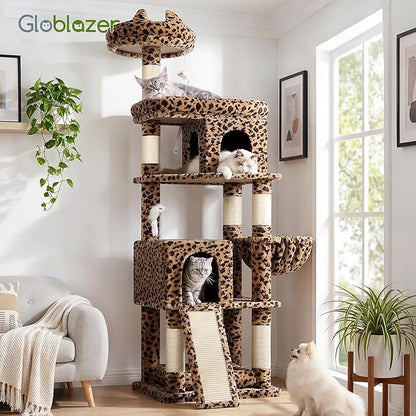 Globlazer Heavy Duty Cat Trees for Large Cats, Sturdy 72in Maine Coon Cat Tree for Large Cat 20 lbs+ Heavy Duty Cat Tower for Adult Biggest Cats with 6 Scratching Posts, Hammock, S72, Leopard Print