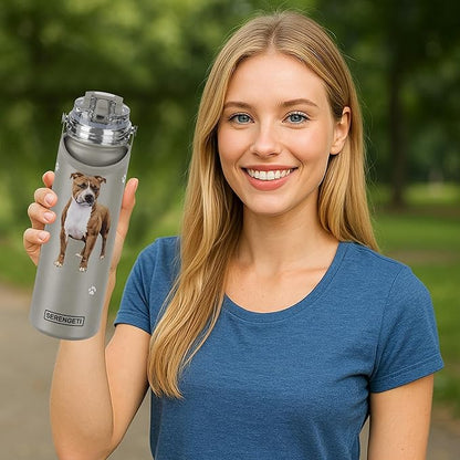 SERENGETI 24 Oz Water Bottle Stainless Steel with Spill Proof Lid - Double walled Vacuum Insulated water flask - Realistic 3D Print of your favorite dog (Pit Bull)