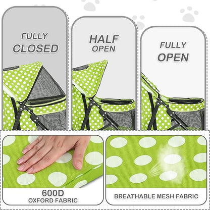 Dog Stroller, 4 Wheels Pet Stroller for Cats with Storage Bag&Visible Mesh, Easy-Fold Umbrella Shaped Cat Stroller and Pet Stroller for Medium Dogs&Small Dogs, Lawn Green with White Polka Dots