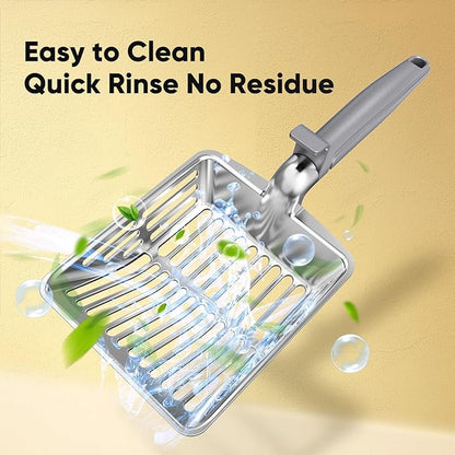 Metal Cat Litter Scoop, Large Cat Scooper with Deep Shovel & Dual Sifting Holes for Fast & Precise Sifting, Space Aluminum Kitty Litter Scooper with Long Handle & Easy-to-Hang Hook - Grey