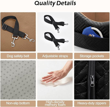 JOEJOY Dog Car Seats for Small Medium Dogs Under 35lbs, Waterproof PU Leather Dog Booster Seat with Detachable Cover, Thickened Memory Foam Pet Car Seat with Safety Belt and Storage Pockets