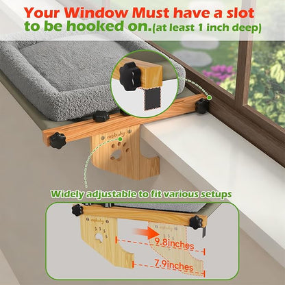 Cat Sill Window Perch Sturdy Hammock Window Seat with Cushion Bed Cover, Wood & Metal Frame for Large Cats, Easy to Adjust Cat Bed for Windowsill, Bedside, Drawer and Cabinet (M)