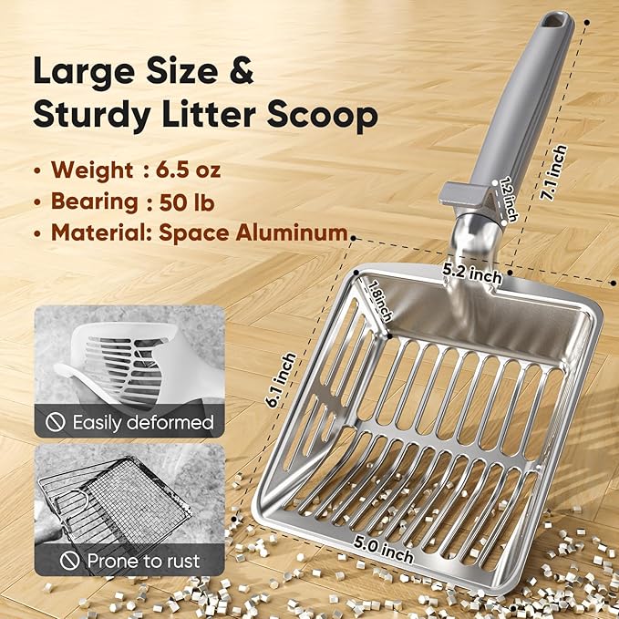 Metal Cat Litter Scoop, Large Cat Scooper with Deep Shovel & Dual Sifting Holes for Fast & Precise Sifting, Space Aluminum Kitty Litter Scooper with Long Handle & Easy-to-Hang Hook - Grey