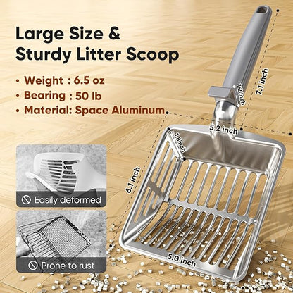 Metal Cat Litter Scoop, Large Cat Scooper with Deep Shovel & Dual Sifting Holes for Fast & Precise Sifting, Space Aluminum Kitty Litter Scooper with Long Handle & Easy-to-Hang Hook - Grey
