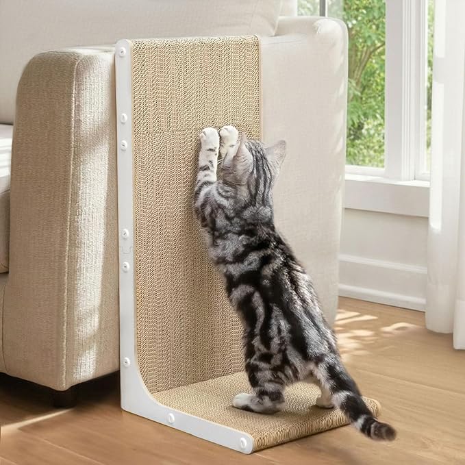 Cardboard Cat Scratcher, 23" L-Shaped Scratch Pad, Vertical Wall-Leaning Scratching Board to Protect Furniture for Indoor Cats, White