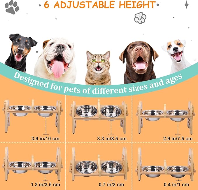 MCEAST Elevated Cat Bowls, Adjustable Raised Dog Bowls Stand with 2 Pieces 304 Stainless Steel Bowls, Bamboo Pet Elevated Bowl Cat Feeder for Newborn Cats Dogs Pets from 4.4 to 11 Pounds
