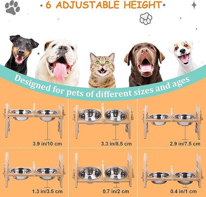 MCEAST Elevated Cat Bowls, Adjustable Raised Dog Bowls Stand with 2 Pieces 304 Stainless Steel Bowls, Bamboo Pet Elevated Bowl Cat Feeder for Newborn Cats Dogs Pets from 4.4 to 11 Pounds