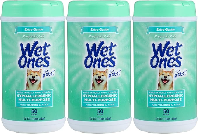 Wet Ones for Pets Hypoallergenic Multipurpose Dog Wipes with Vitamins A, C & E - No Fragrance Pet Wipes for Dogs in Canister, 50 Count - 3 Pack