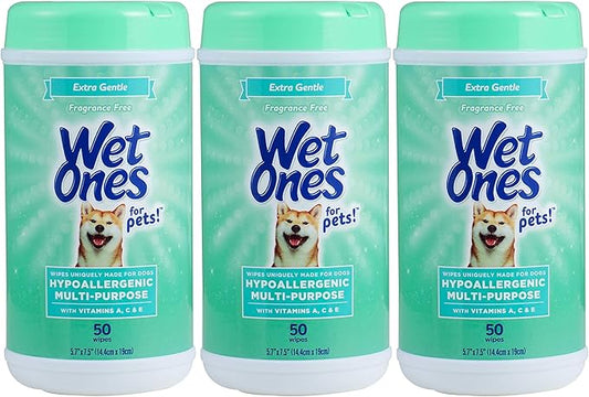 Wet Ones for Pets Hypoallergenic Multipurpose Dog Wipes with Vitamins A, C & E - No Fragrance Pet Wipes for Dogs in Canister, 50 Count - 3 Pack