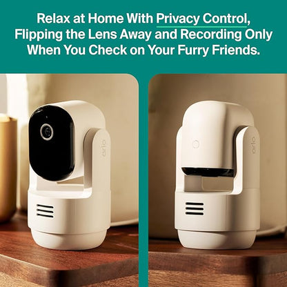 Arlo Essential Indoor Pan Tilt Security Camera 2K (2025 Release) - Wired Plug-in Power, Person Recognition, Animal Detection, Animated Preview, 1-Month Secure Plan, Auto Motion Tracking, 1 Cam, White