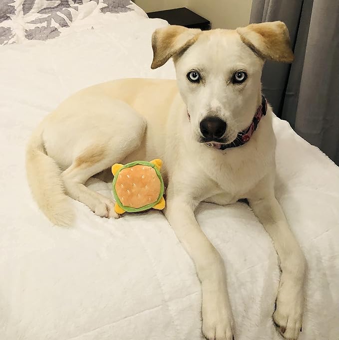 Glow Pups Hamburger Dog Toy with Squeaker, Fun Food Parody Plush Toy, Easy to Clean, Promotes Mental Stimulation, 4.5 x 3.5 inches, Peach