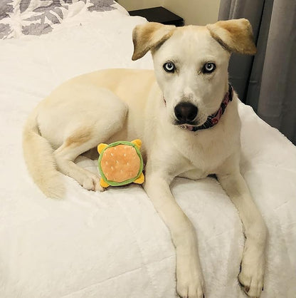 Glow Pups Hamburger Dog Toy with Squeaker, Fun Food Parody Plush Toy, Easy to Clean, Promotes Mental Stimulation, 4.5 x 3.5 inches, Peach