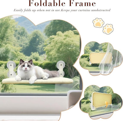 Cat Window Perch Hammock - Foldable Cordless with 4 Suction Cups for Indoor Cats, Space Saving Design,Reversible Cover with Two Different Kinds of Fabrics,40Lbs Load Capacity (60CM)