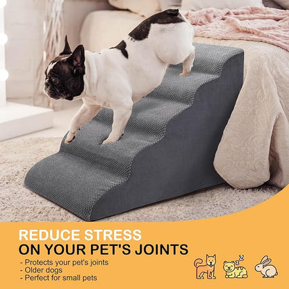 Dog Stairs for Bed, 5-Step Dog Steps for Couch and High Bed, Non-Slip Pet Stairs, 24" High Sofa Foam Ramp - Best for Small Pets, Older Cats with Joint Pain