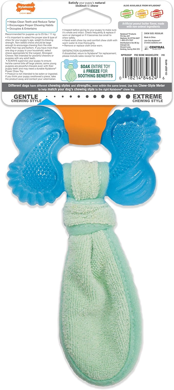 Nylabone Freezer Bone Puppy Chew Toy, Soothing Teething Toys for Puppies, Rubber & Terry Cloth, Peanut Butter Flavor, Small Dogs - Up to 25 lbs., 1 Count