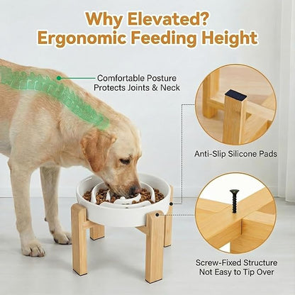 Elevated Slow Feeder Dog Bowl - Upgraded with Screwed Bamboo Stand - Ceramic Maze Dish for Fast Eaters - Raised Feeding Bowl for Medium and Large Dogs - White