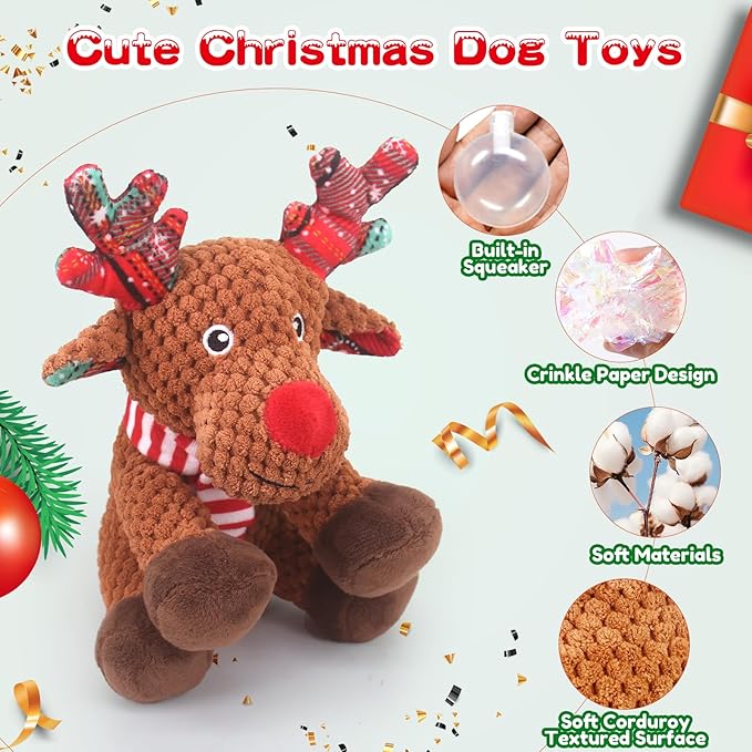 Christmas Dog Toys, Squeaky Dog Toys with Crinkle Paper, Interactive Plush Puppy Chew Toys, Cute Reindeer Dog Funny Toys, Dog Gifts for Small, Medium, Large Breed