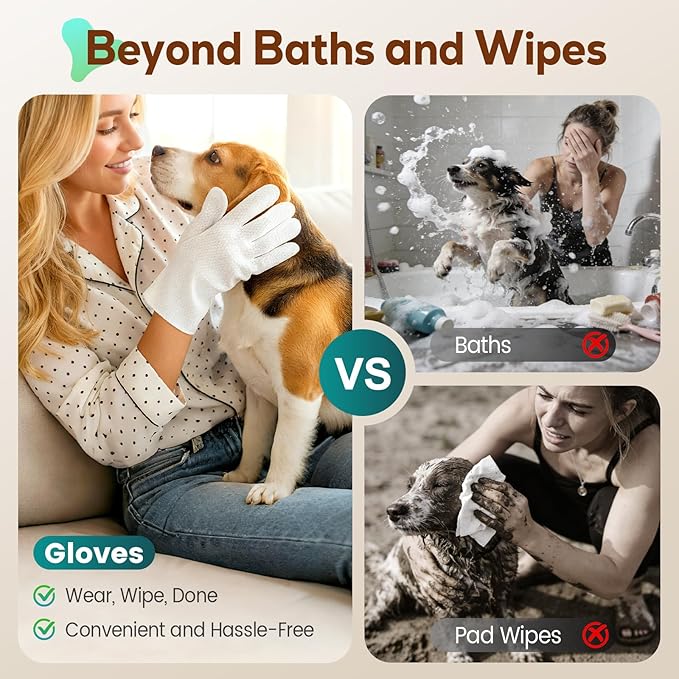 Pet Glove Wipes for Dogs and Cats, No-Rinse Dog Cleaning Gloves, Unscented Thick Glove Wipes for Waterless Cleaning, Daily Care & Travel, 30 Count