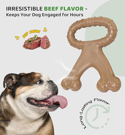 Durable Dog Chew Toy for Aggressive Chewers, Indestructible Nylon Bone with Beef Flavor, Dog Toy for Dental Care and Teeth Cleaning, Anxiety Relief for Small, Medium, and Large Dogs (Brown)