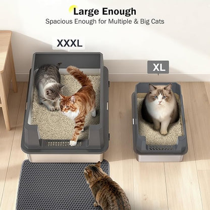 Stainless Steel Litter Box Extra Large for Big Cats Multi-Cats, Jumbo Extra Large Metal Cat Litter Box with High Sided Lid, Anti-Urine Leakage, Non-Stick,Include Litter Scoop
