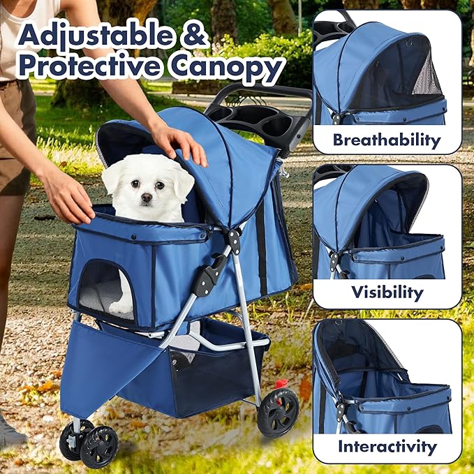 3 Wheel Pet Stroller for Dogs and Cats, Foldable, Lightweight and Durable, Ideal for Small to Medium Pets, Includes Storage Basket and Cup Holders