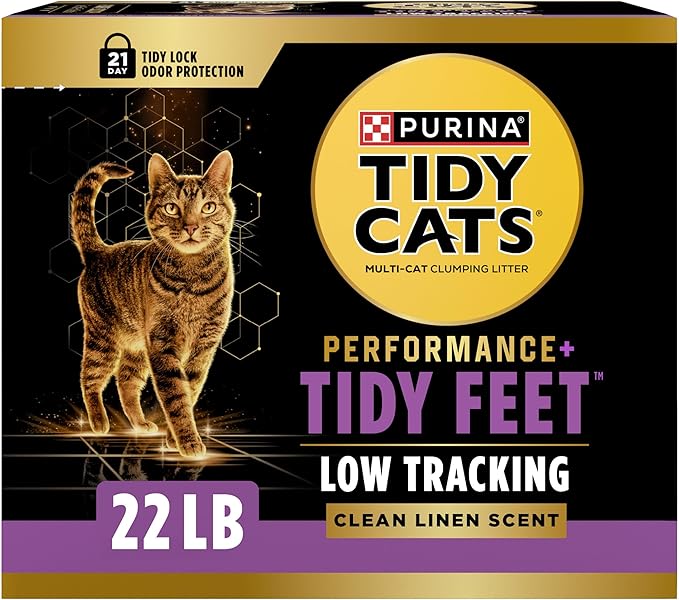 Purina Tidy Cats Performance Plus Tidy Feet Scented Low Tracking Cat Litter, Clumping, Multi-Cat Odor Control Kitty Litter with Clean Linen Scent - 22 lb. Box