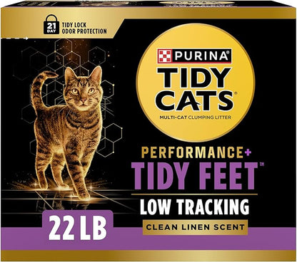 Purina Tidy Cats Performance Plus Tidy Feet Scented Low Tracking Cat Litter, Clumping, Multi-Cat Odor Control Kitty Litter with Clean Linen Scent - 22 lb. Box