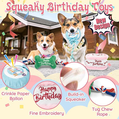 7Pcs Dog Birthday Toys Gifts, No-Mess Paw Print Keepsake Kit with Squeaky Dog Cake Toy, Plush Crinkle Toy, Pet-Safe Ink Pad & Photo Frame for Small Medium Dogs