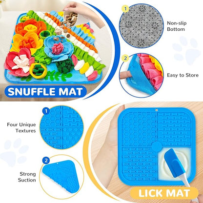 Dog Snuffle Mat and Lick Mat Set, Interactive Dog Enrichment Puzzle Toys for Puppy Small Breed Dogs Cats Rabbits, Cognitive Sniff Foraging Mats for Slow Feeding Treat Game Mental Stimulation