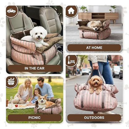BurgeonNest Dog Car Seat for Small Dogs, Calm Blue Pet Car Bed Under 25 lbs, Soft Booster Fully Detachable and Washable Cat Carseats with Storage Pockets and Clip-On Leash Portable Travel Carrier