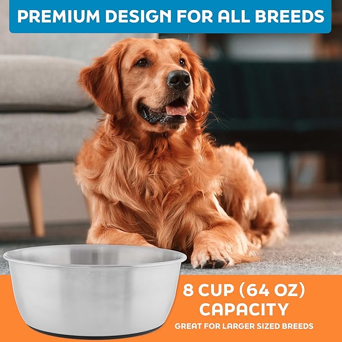 Master Pet Supply Stainless Steel Dog Bowls Set of 2 (64 Oz Each) with Non-Slip Rubber Base - Stainless Steel - Basic Dog Food Bowl Water & Food Bowls for Small Medium Large Dogs & Cats, Metal Dish