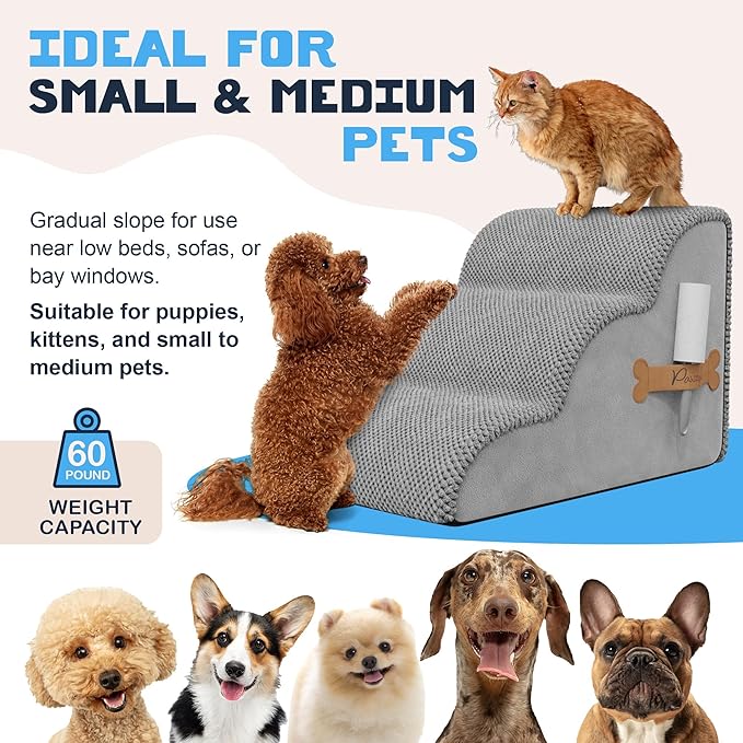PAWZY Dog Stairs for Medium-Height Beds & Couches, 3-Step Foam Pet Steps 15.5” High for Small Dogs & Cats up to 60 lbs, Wide Non-Slip, Waterproof Washable Zipper Cover, No Assembly, Grey
