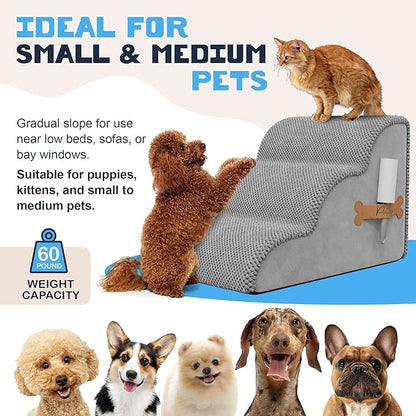 PAWZY Dog Stairs for Medium-Height Beds & Couches, 3-Step Foam Pet Steps 15.5” High for Small Dogs & Cats up to 60 lbs, Wide Non-Slip, Waterproof Washable Zipper Cover, No Assembly, Grey